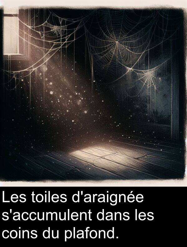 toiles: Les toiles d'araignée s'accumulent dans les coins du plafond.