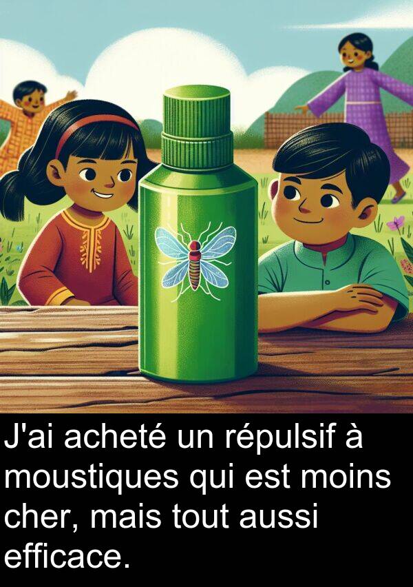 efficace: J'ai acheté un répulsif à moustiques qui est moins cher, mais tout aussi efficace.