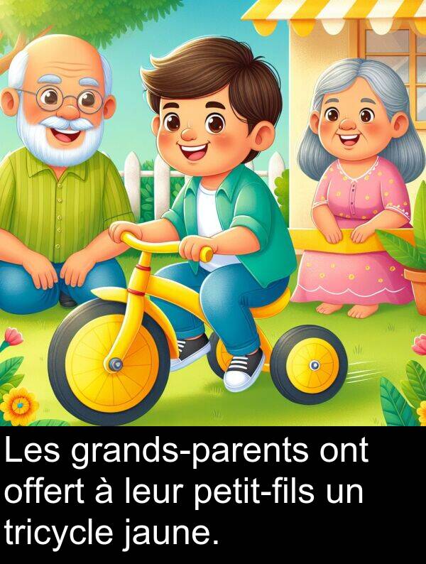 jaune: Les grands-parents ont offert à leur petit-fils un tricycle jaune.