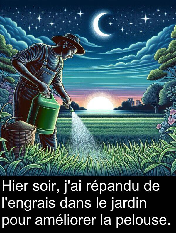 répandu: Hier soir, j'ai répandu de l'engrais dans le jardin pour améliorer la pelouse.