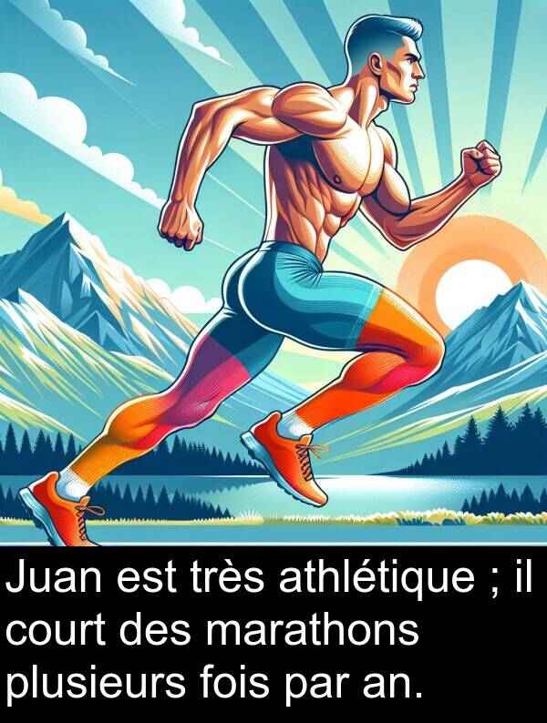athlétique: Juan est très athlétique ; il court des marathons plusieurs fois par an.
