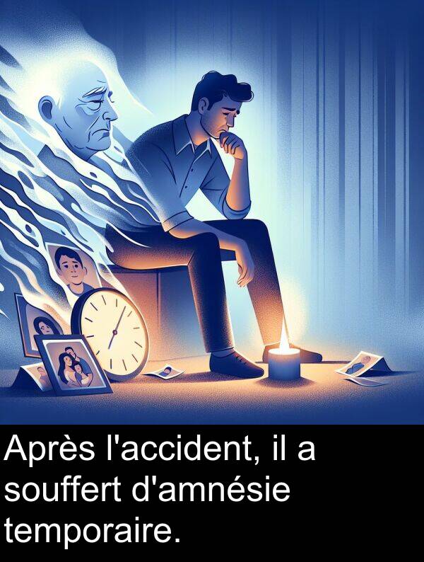 souffert: Après l'accident, il a souffert d'amnésie temporaire.