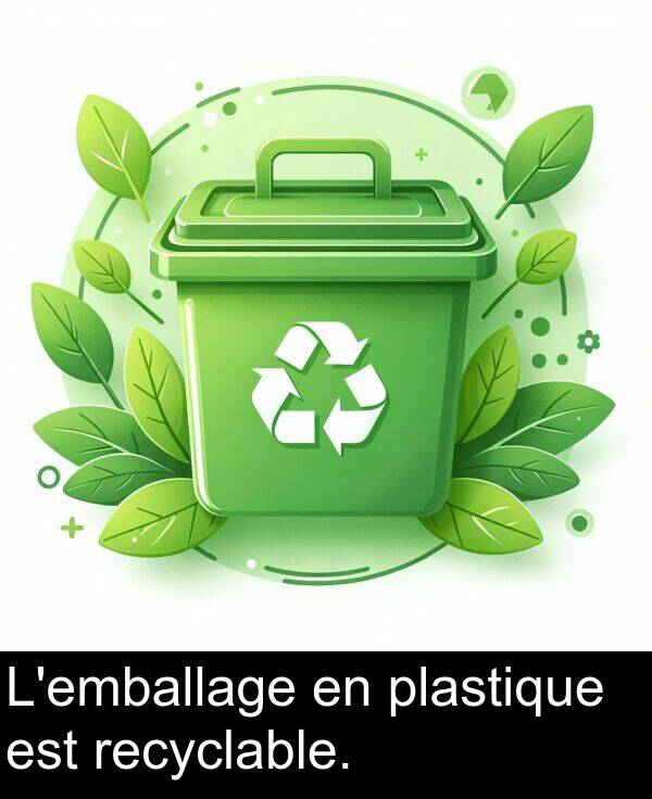 recyclable: L'emballage en plastique est recyclable.