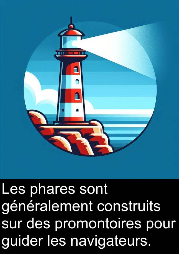 généralement: Les phares sont généralement construits sur des promontoires pour guider les navigateurs.