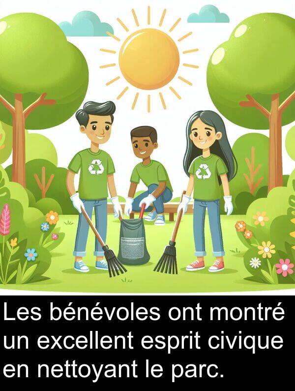 bénévoles: Les bénévoles ont montré un excellent esprit civique en nettoyant le parc.