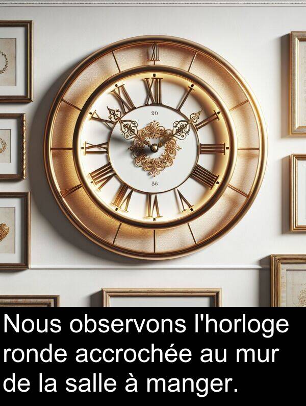 salle: Nous observons l'horloge ronde accrochée au mur de la salle à manger.