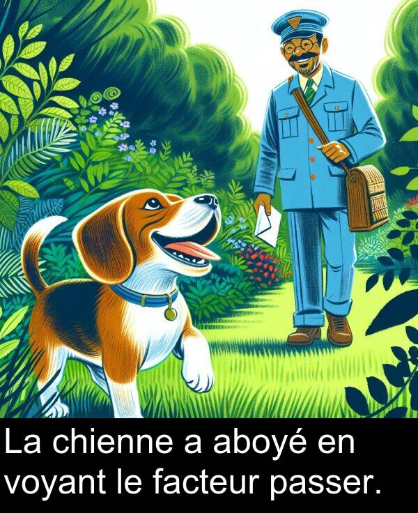 voyant: La chienne a aboyé en voyant le facteur passer.