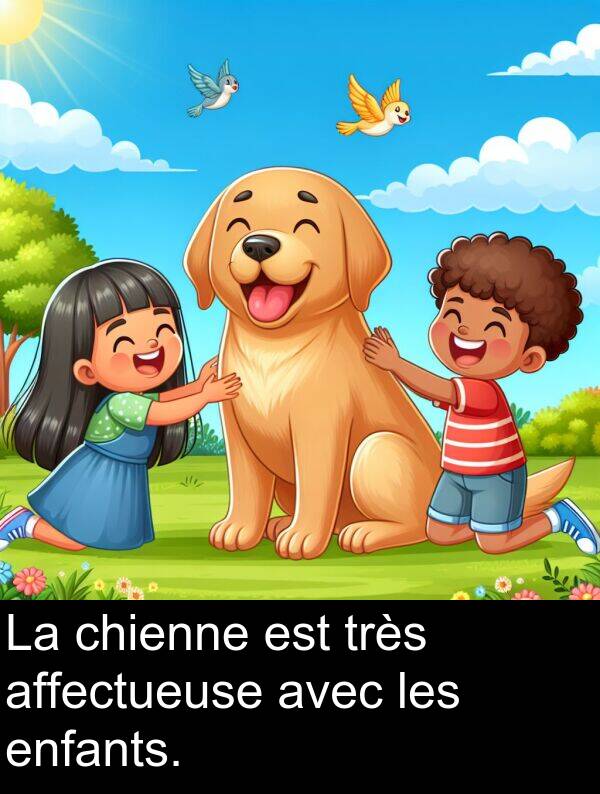 les: La chienne est très affectueuse avec les enfants.