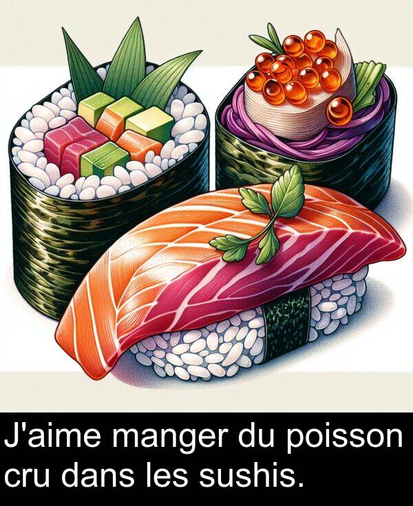 les: J'aime manger du poisson cru dans les sushis.