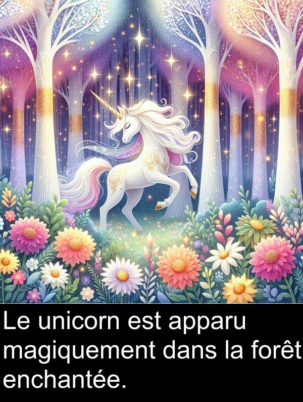 magiquement: Le unicorn est apparu magiquement dans la forêt enchantée.