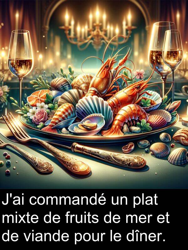 mer: J'ai commandé un plat mixte de fruits de mer et de viande pour le dîner.