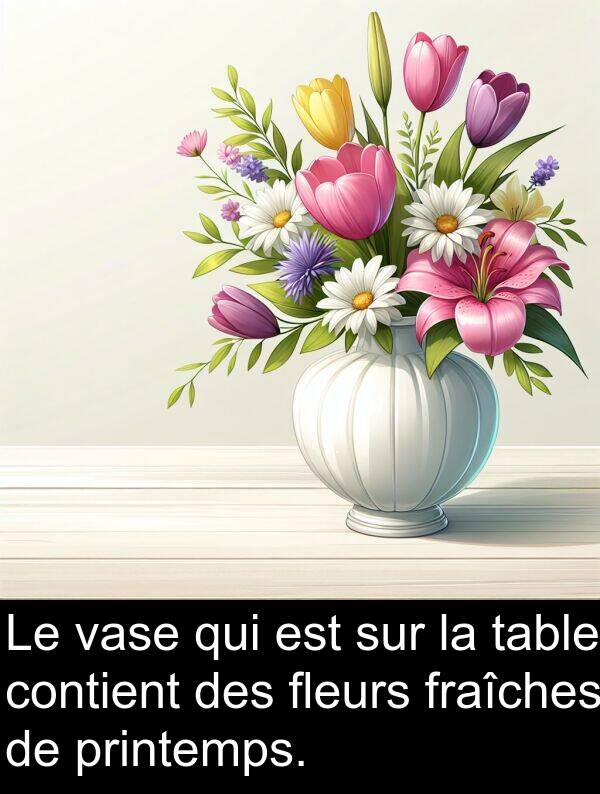 fraîches: Le vase qui est sur la table contient des fleurs fraîches de printemps.