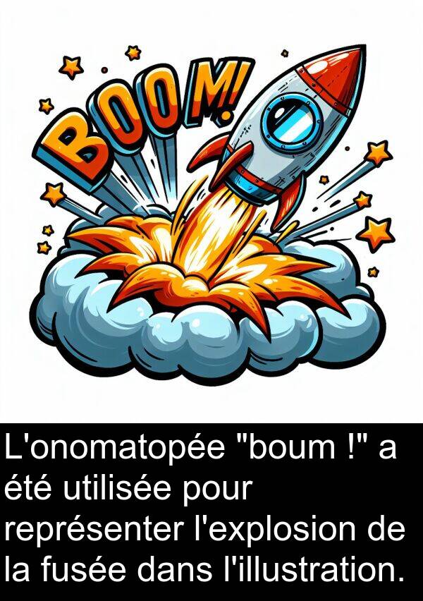 représenter: L'onomatopée "boum !" a été utilisée pour représenter l'explosion de la fusée dans l'illustration.