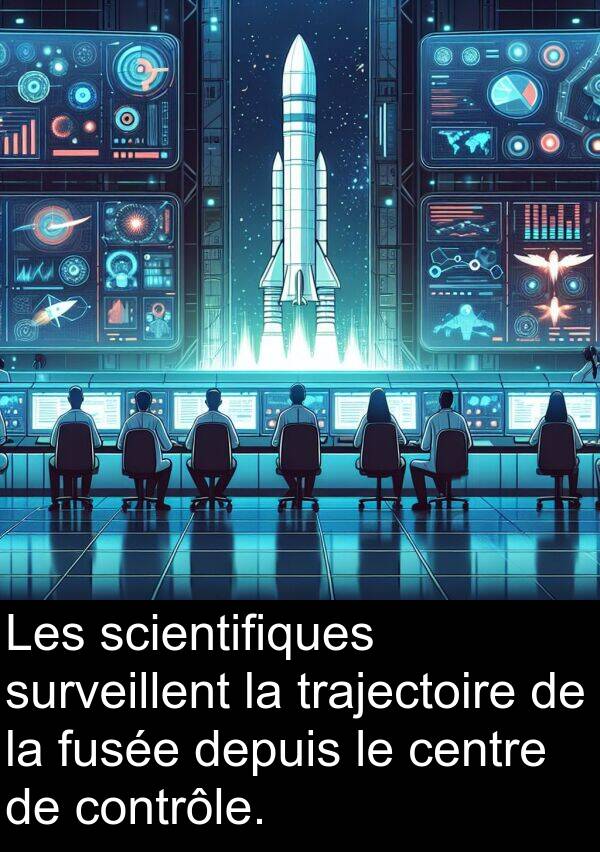surveillent: Les scientifiques surveillent la trajectoire de la fusée depuis le centre de contrôle.