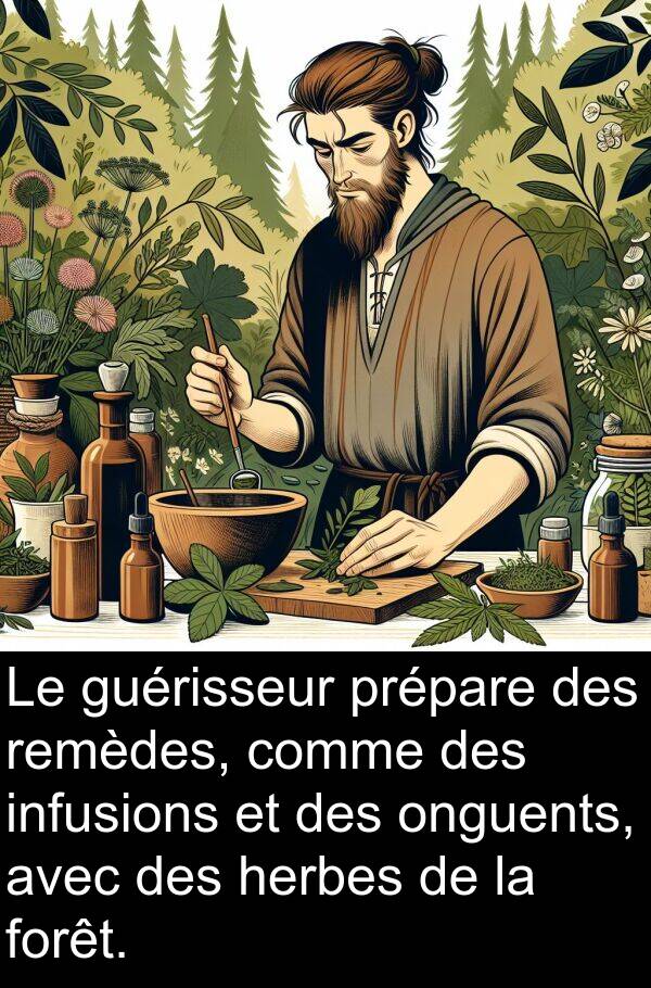 herbes: Le guérisseur prépare des remèdes, comme des infusions et des onguents, avec des herbes de la forêt.