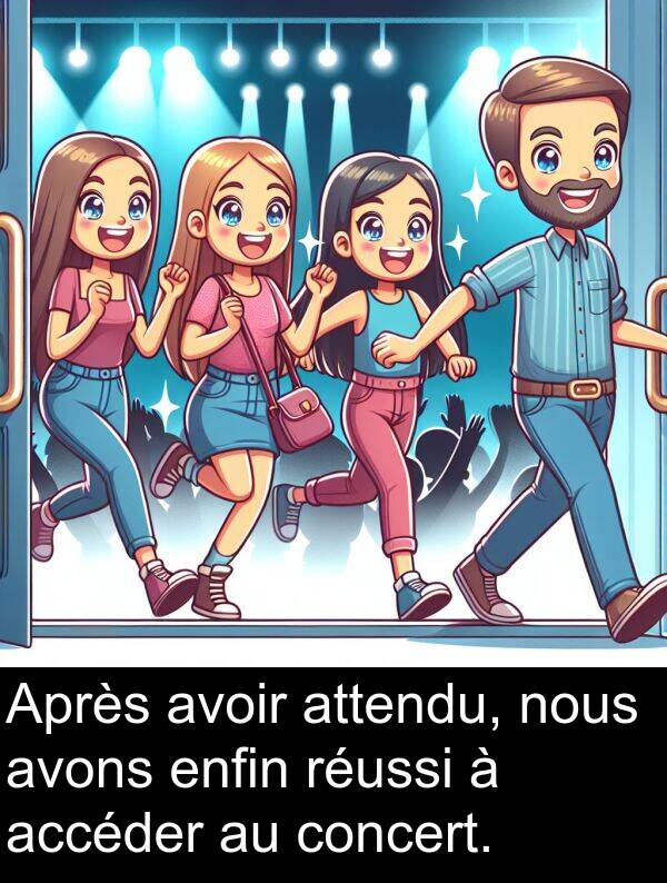 attendu: Après avoir attendu, nous avons enfin réussi à accéder au concert.