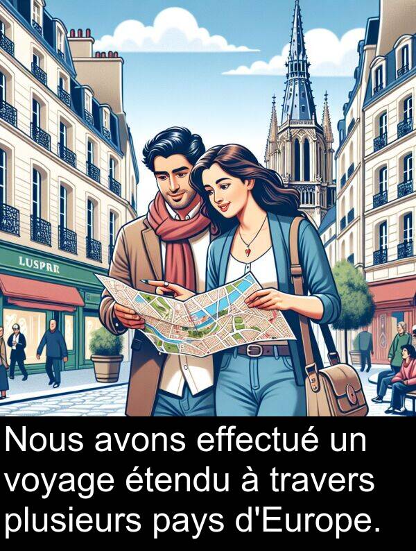 effectué: Nous avons effectué un voyage étendu à travers plusieurs pays d'Europe.
