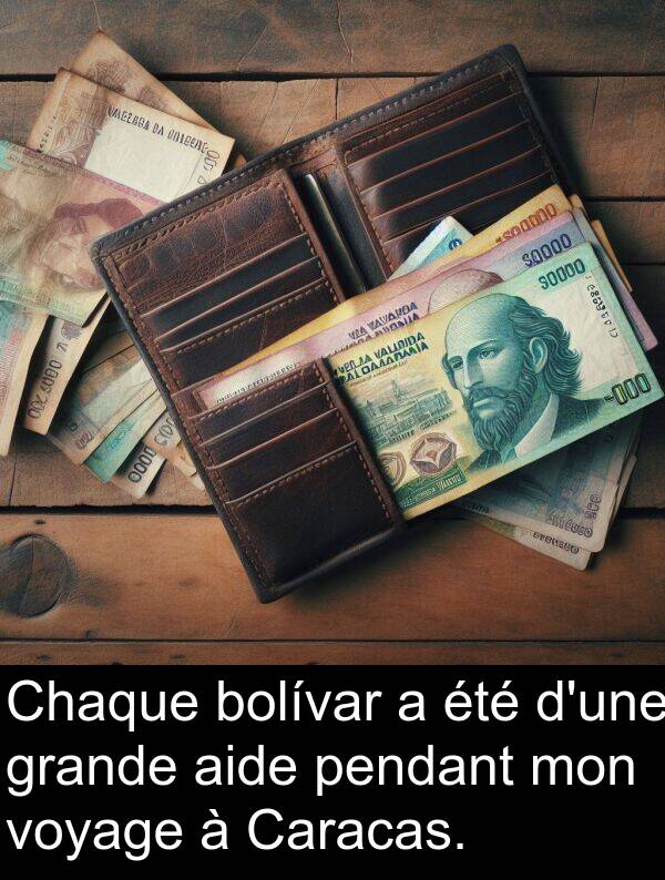 voyage: Chaque bolívar a été d'une grande aide pendant mon voyage à Caracas.