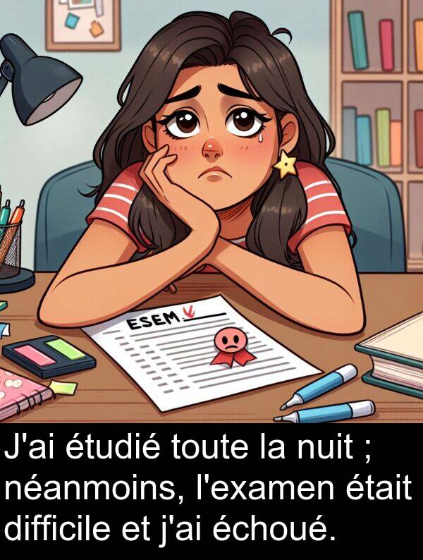 échoué: J'ai étudié toute la nuit ; néanmoins, l'examen était difficile et j'ai échoué.