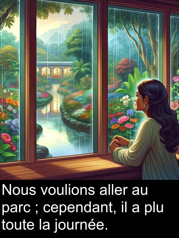journée: Nous voulions aller au parc ; cependant, il a plu toute la journée.
