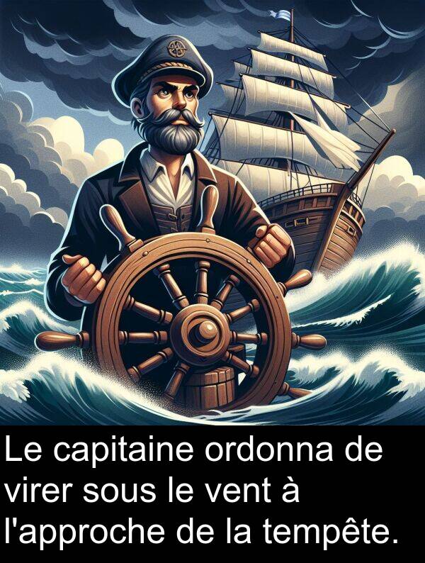 sous: Le capitaine ordonna de virer sous le vent à l'approche de la tempête.