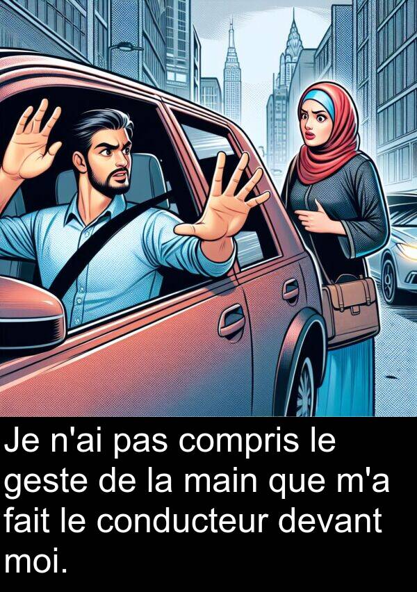 moi: Je n'ai pas compris le geste de la main que m'a fait le conducteur devant moi.