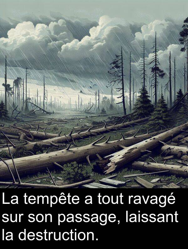 laissant: La tempête a tout ravagé sur son passage, laissant la destruction.