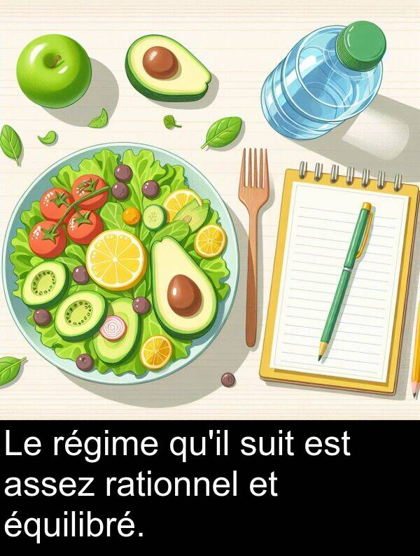 régime: Le régime qu'il suit est assez rationnel et équilibré.
