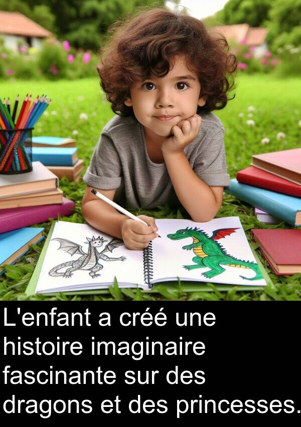 fascinante: L'enfant a créé une histoire imaginaire fascinante sur des dragons et des princesses.