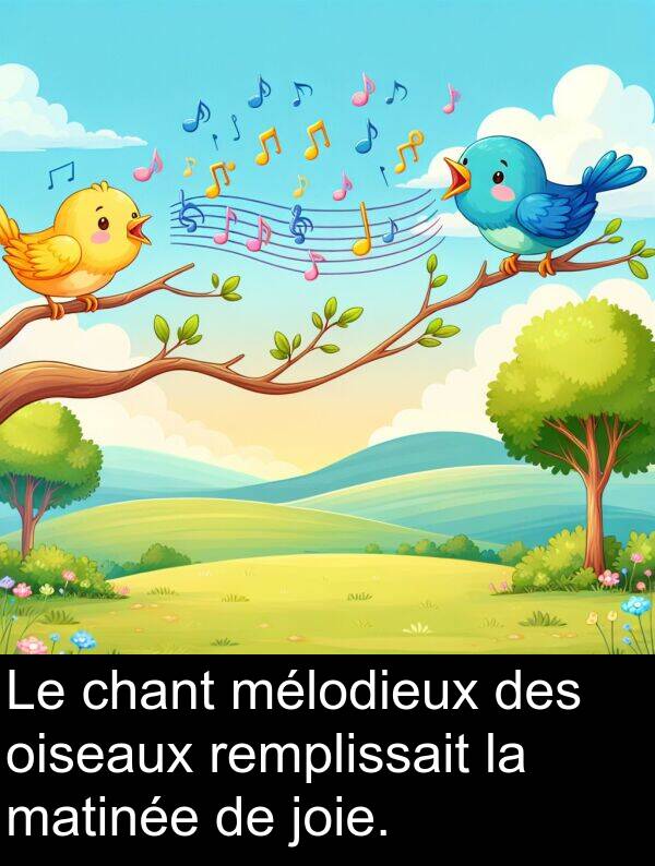 joie: Le chant mélodieux des oiseaux remplissait la matinée de joie.