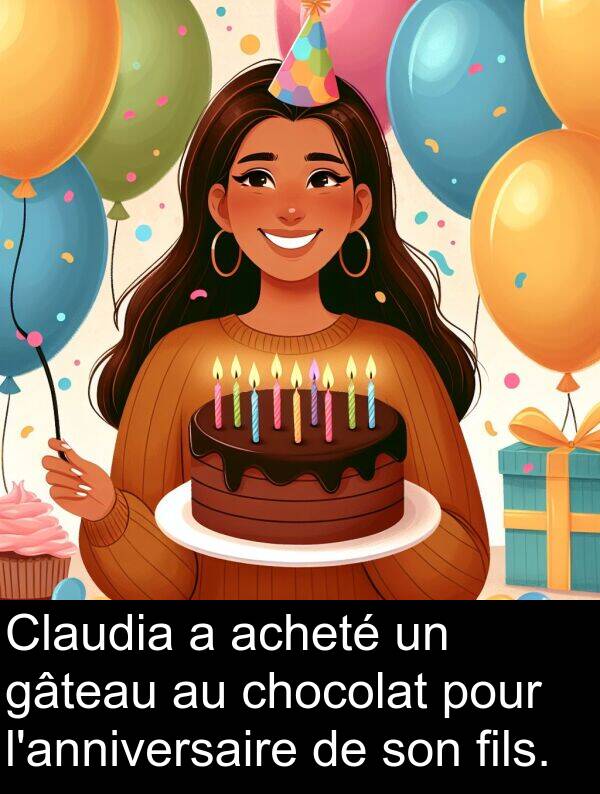 gâteau: Claudia a acheté un gâteau au chocolat pour l'anniversaire de son fils.