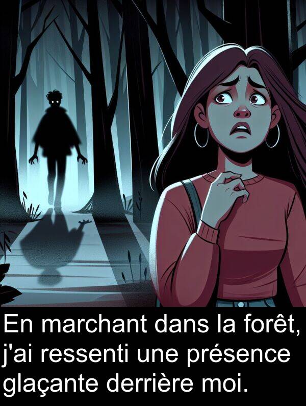 marchant: En marchant dans la forêt, j'ai ressenti une présence glaçante derrière moi.