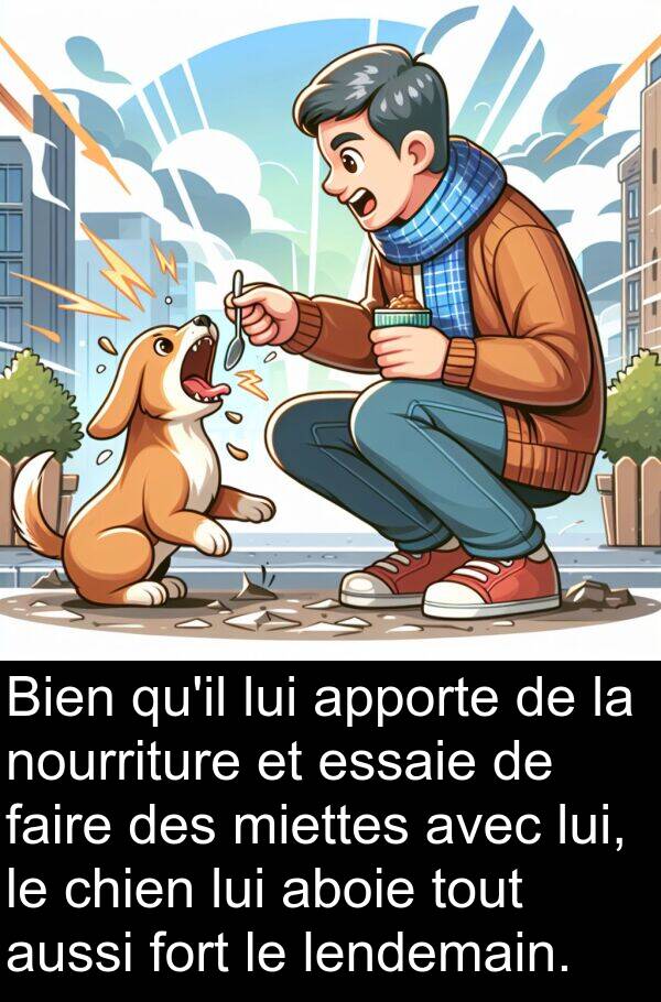 lendemain: Bien qu'il lui apporte de la nourriture et essaie de faire des miettes avec lui, le chien lui aboie tout aussi fort le lendemain.
