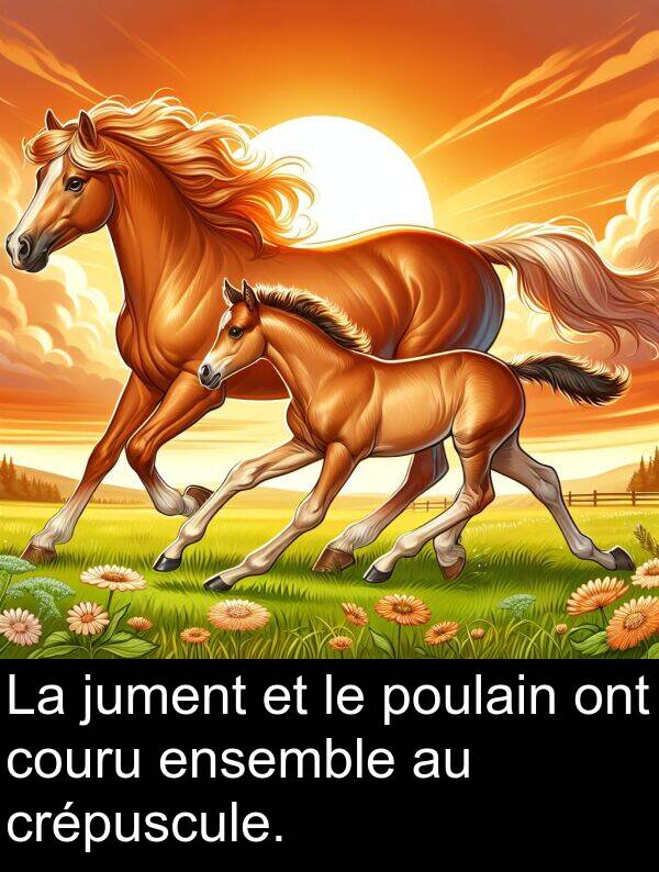 ont: La jument et le poulain ont couru ensemble au crépuscule.