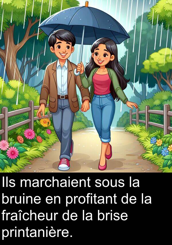 sous: Ils marchaient sous la bruine en profitant de la fraîcheur de la brise printanière.