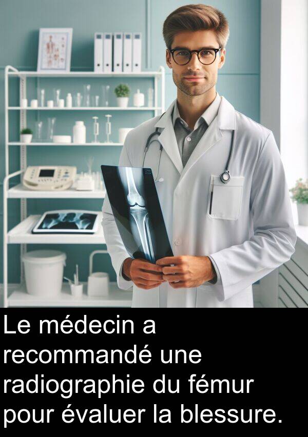 radiographie: Le médecin a recommandé une radiographie du fémur pour évaluer la blessure.