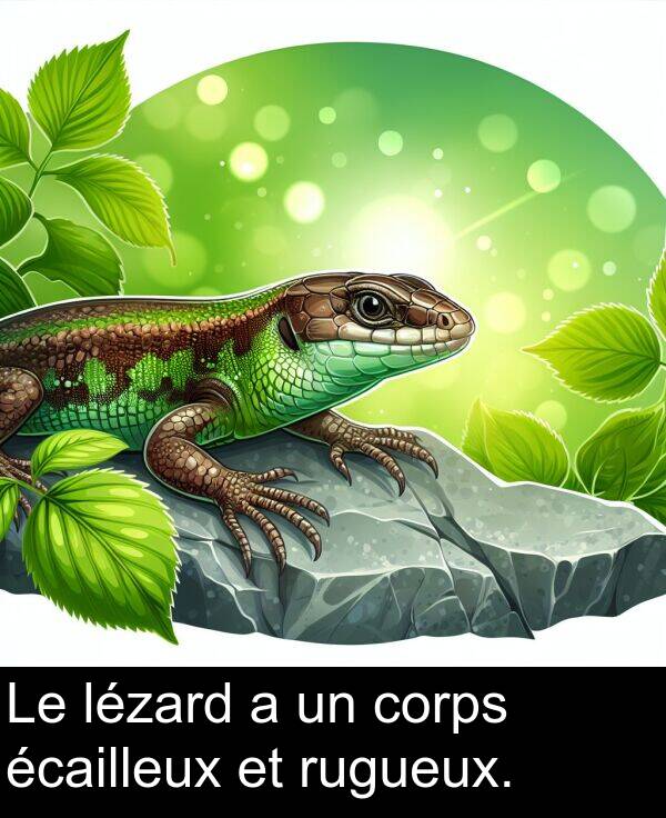 écailleux: Le lézard a un corps écailleux et rugueux.