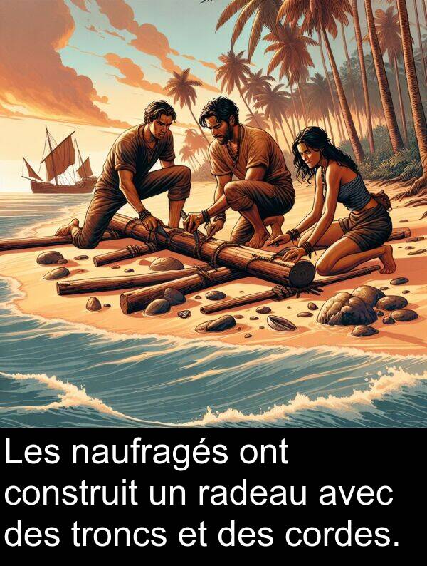 radeau: Les naufragés ont construit un radeau avec des troncs et des cordes.