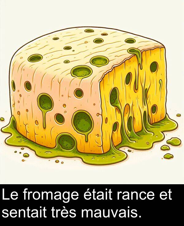 rance: Le fromage était rance et sentait très mauvais.