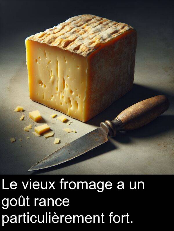rance: Le vieux fromage a un goût rance particulièrement fort.