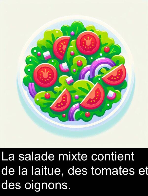 oignons: La salade mixte contient de la laitue, des tomates et des oignons.