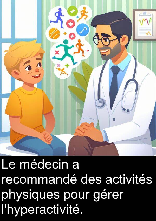 gérer: Le médecin a recommandé des activités physiques pour gérer l'hyperactivité.