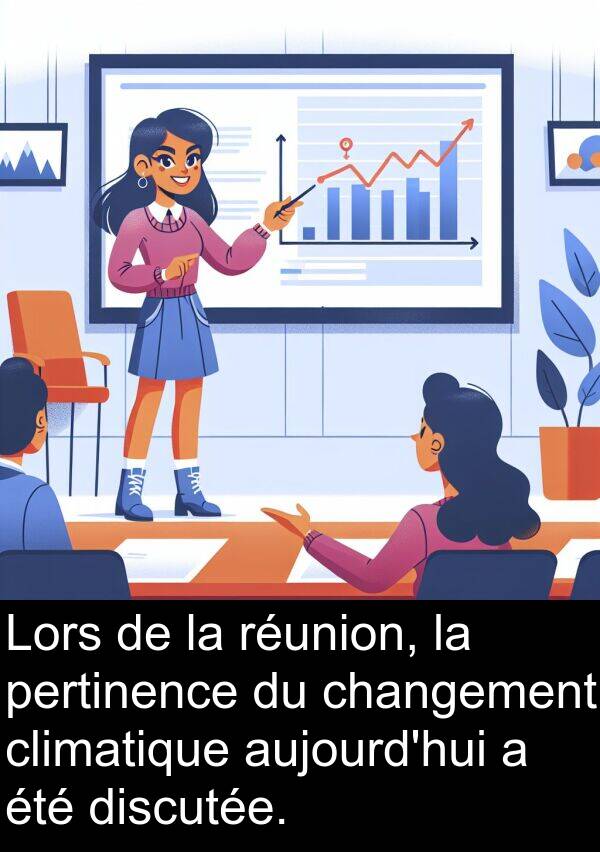 climatique: Lors de la réunion, la pertinence du changement climatique aujourd'hui a été discutée.