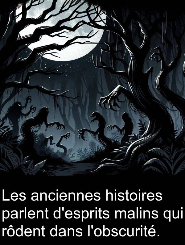 malins: Les anciennes histoires parlent d'esprits malins qui rôdent dans l'obscurité.
