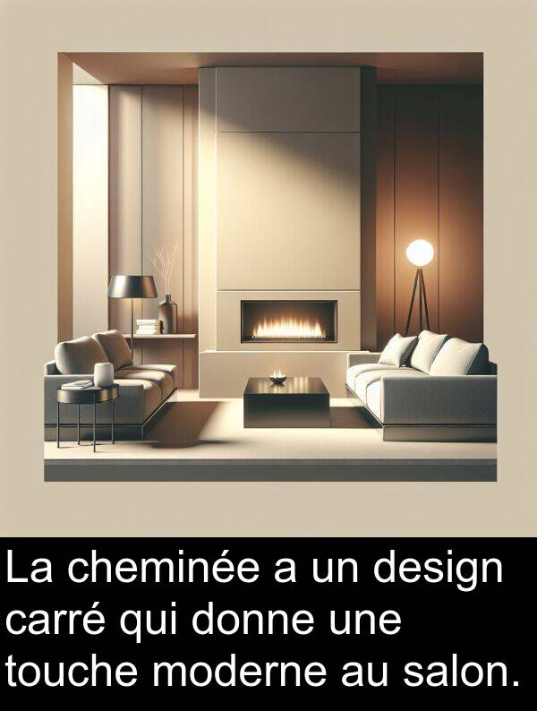 salon: La cheminée a un design carré qui donne une touche moderne au salon.