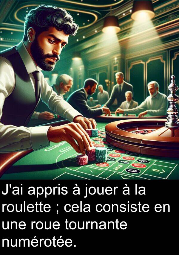 tournante: J'ai appris à jouer à la roulette ; cela consiste en une roue tournante numérotée.
