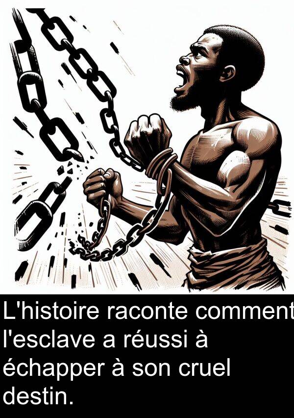raconte: L'histoire raconte comment l'esclave a réussi à échapper à son cruel destin.
