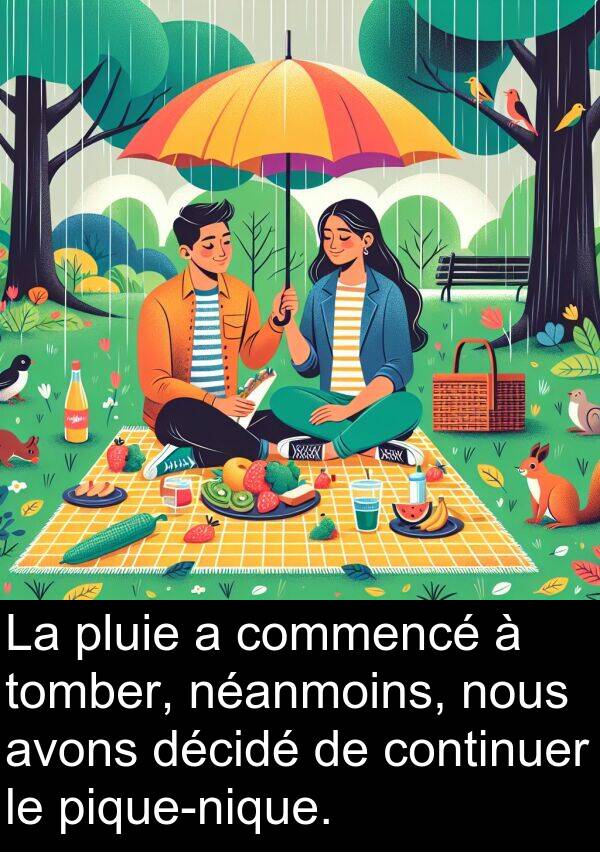 décidé: La pluie a commencé à tomber, néanmoins, nous avons décidé de continuer le pique-nique.