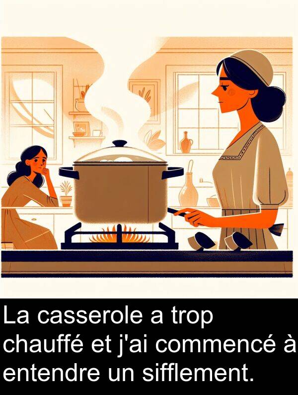 entendre: La casserole a trop chauffé et j'ai commencé à entendre un sifflement.