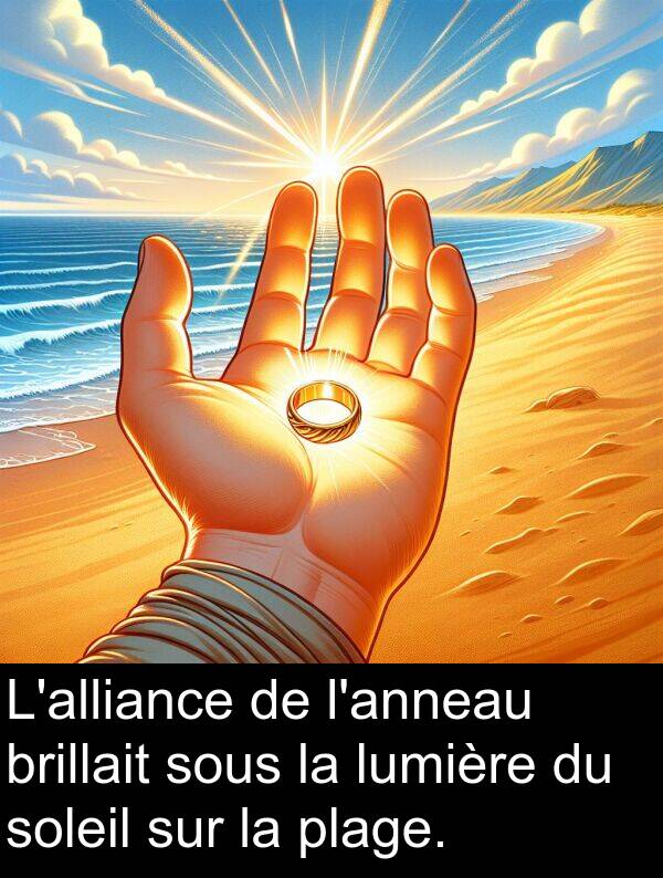 sous: L'alliance de l'anneau brillait sous la lumière du soleil sur la plage.